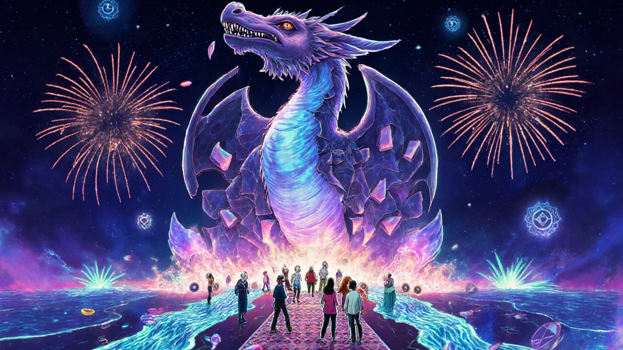 A celestial Astroport dragon transforming with aurora-like fee tiers, connecting Ethereum and Cosmos chains.