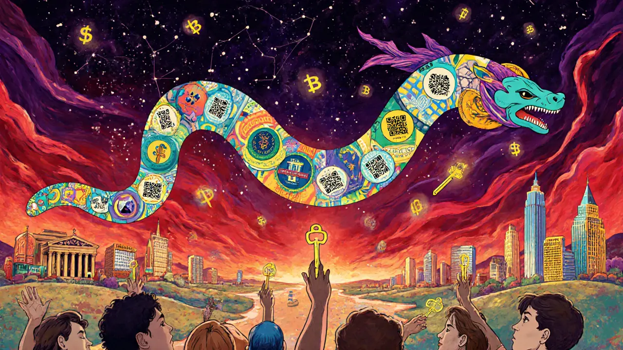 A flying serpent made of POAP badges soaring over merged real and digital landmarks, symbolizing event memories.