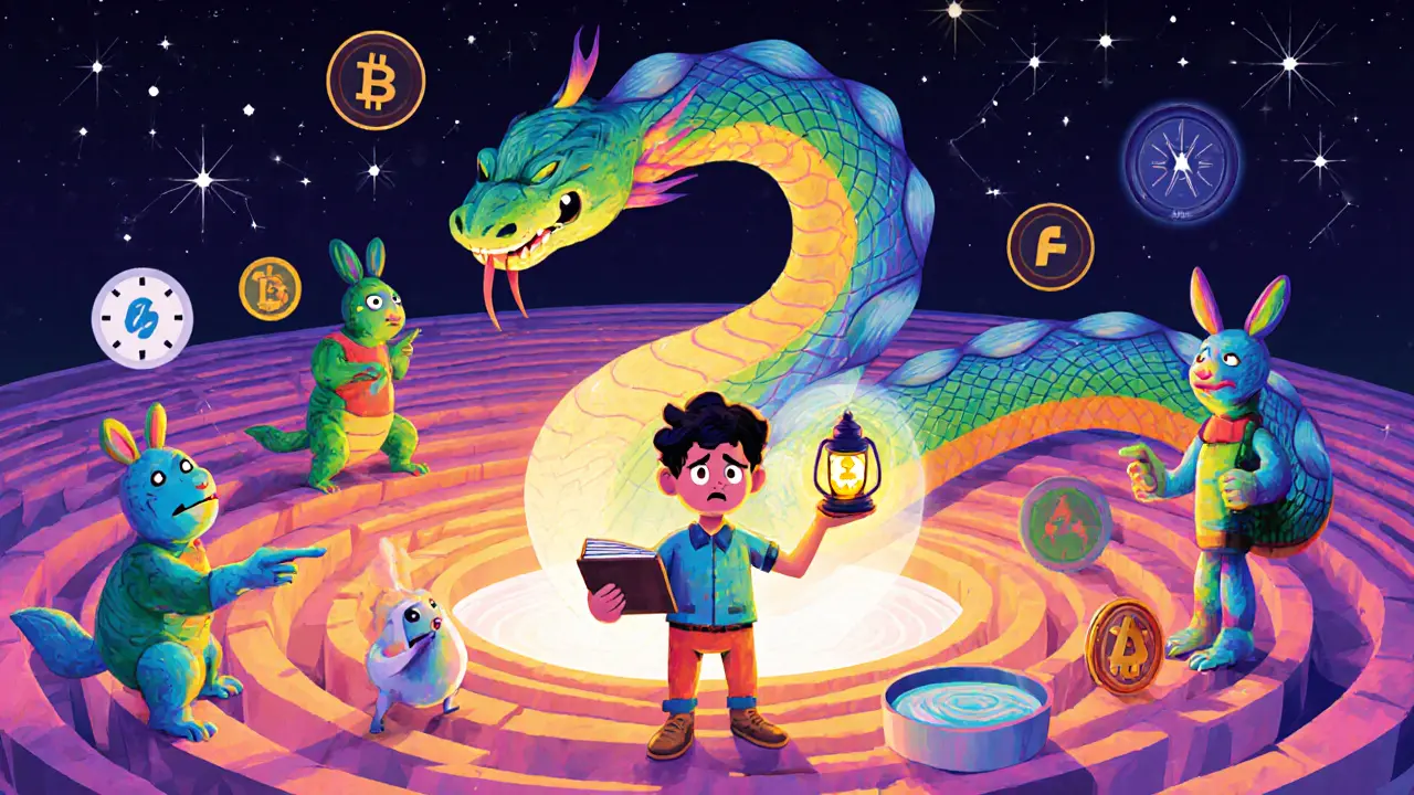 A nervous user at a DeFi portal surrounded by colorful Alebrije creatures guiding them through slippage and liquidity pools.