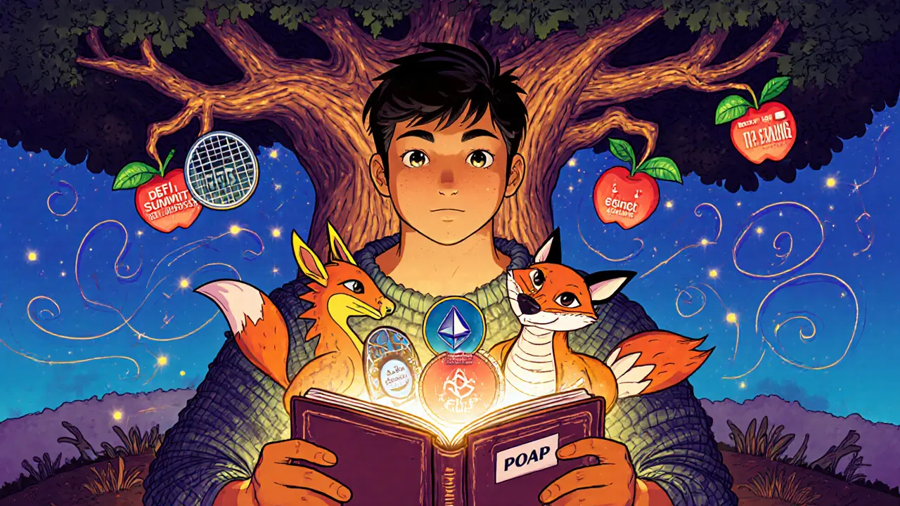 A person holding a wallet spilling colorful POAP badges shaped like mythical animals, growing from a blockchain tree.