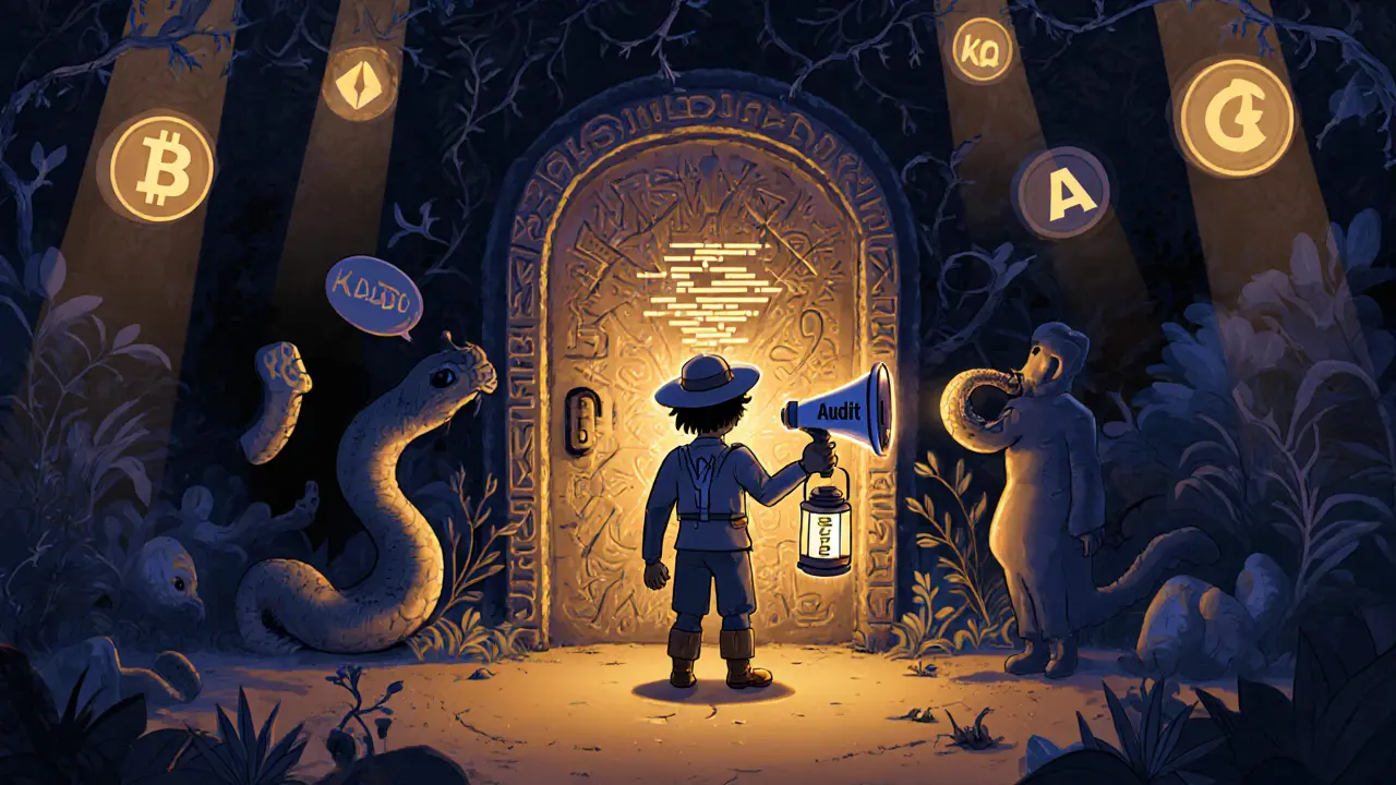 Explorer facing a locked smart contract door as a whispering figure offers unverified promises