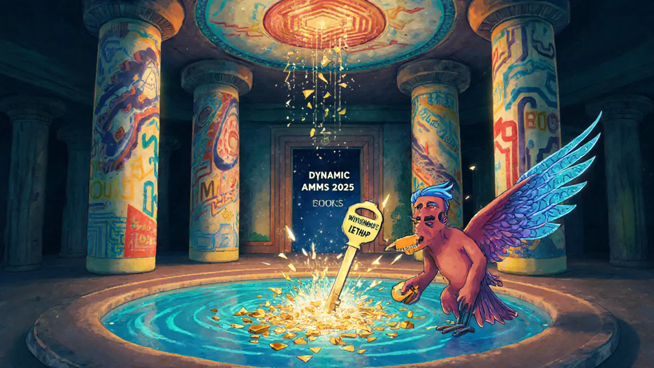 DeFi temple with price-range pillars, an oracle bird, and a user turning a &#039;Withdraw&#039; key as the pool shatters into fragments.