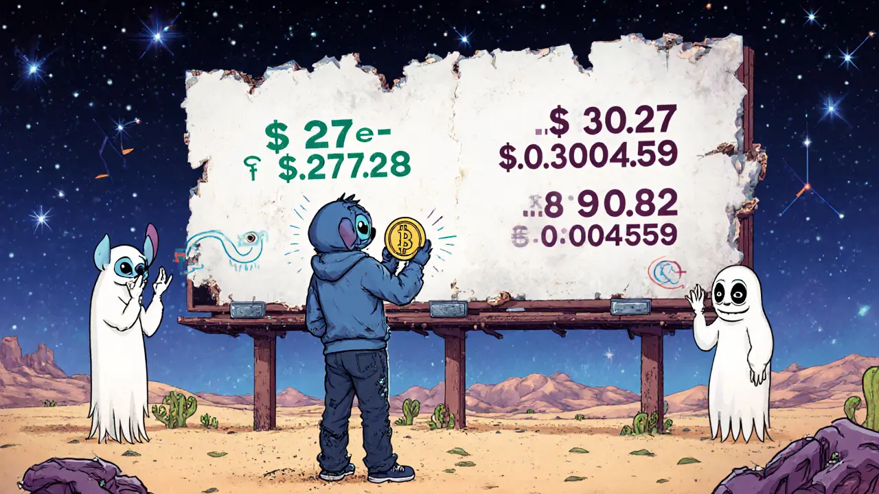 A confused investor holding a tiny Stitch token before a billboard with conflicting prices and ghostly bots.