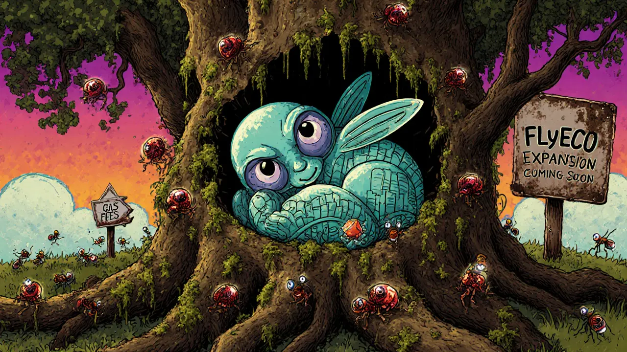 A ghostly FLY token creature curled inside a decaying blockchain tree, covered in moss and forgotten transaction logs.