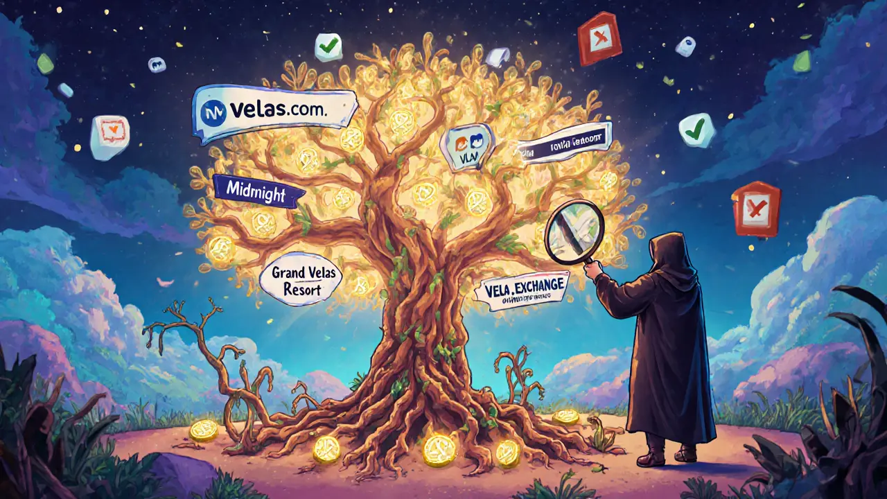 A glowing tree with verified URLs as roots bears real VLX tokens, while fake airdrop vines wither beneath it in colorful alebrije art style.