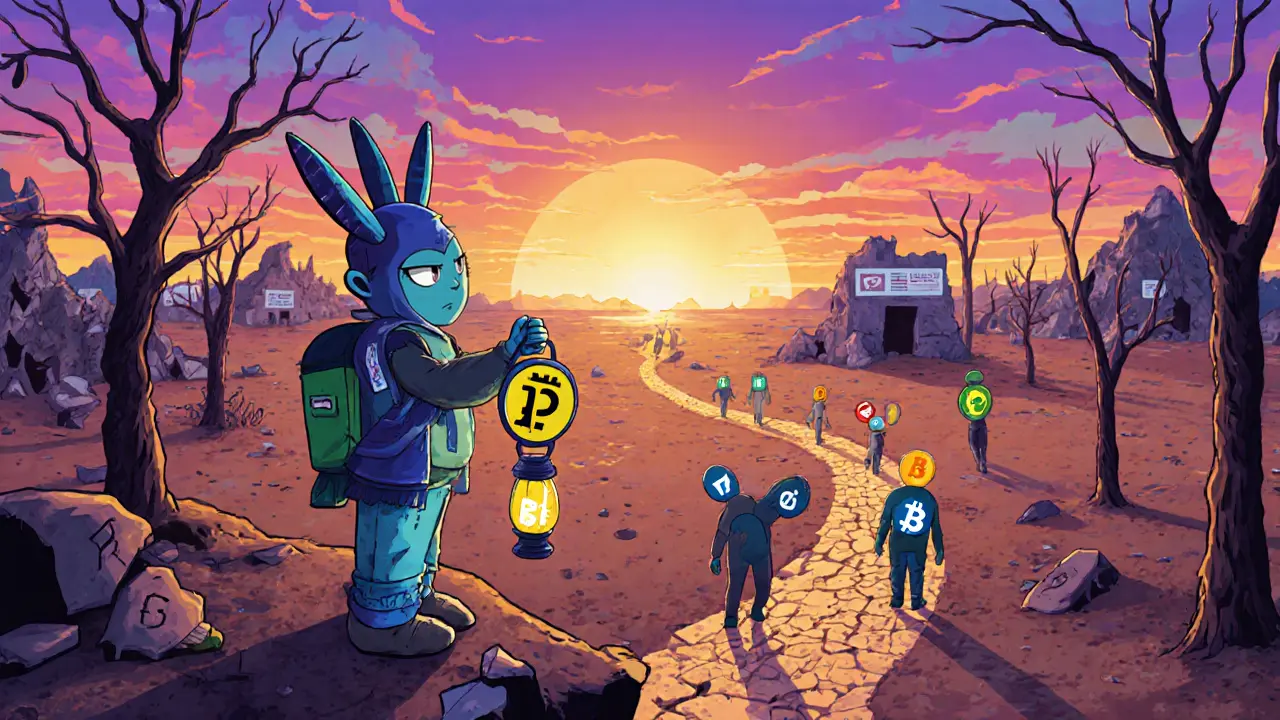 A lone traveler holding a FLY token, standing in a barren digital wasteland as other crypto tokens walk away.