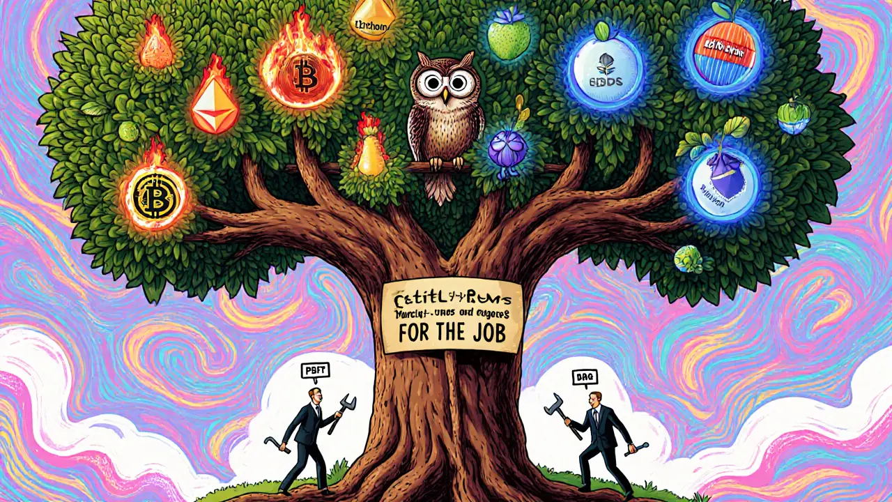 A tree with two branches separating crypto and enterprise DLT applications, watched by a wise owl.