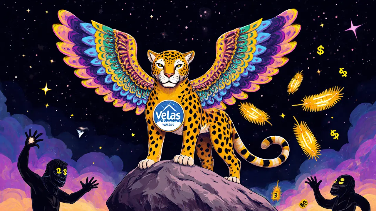 A winged jaguar with Velas Wallet badge stands on a blockchain rock, dropping golden staking rewards as shadowy scam figures reach from behind.