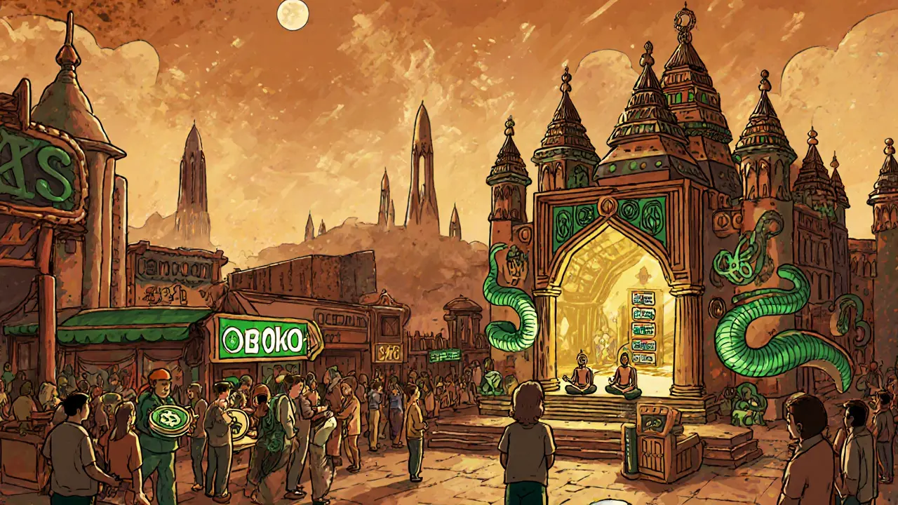 Contrast between crowded Uniswap stall and serene multi-towered Balancer temple in a crypto marketplace