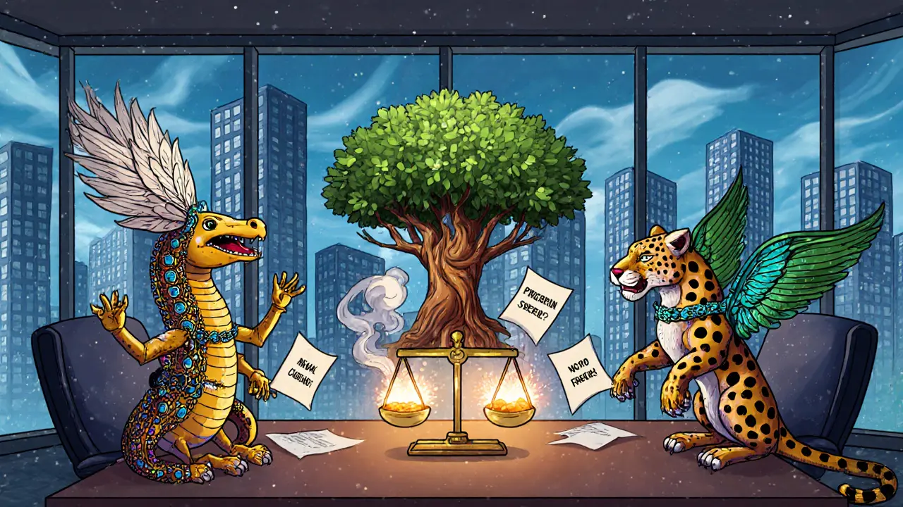 Mythical creatures in a boardroom debate DLT types with floating symbols of privacy and energy use.