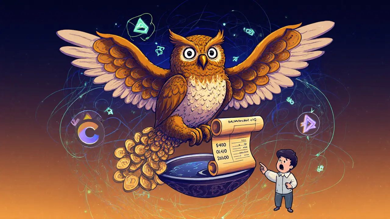 Owl-like guardian with blockchain wings overseeing a user depositing liquidity into a Balancer pool