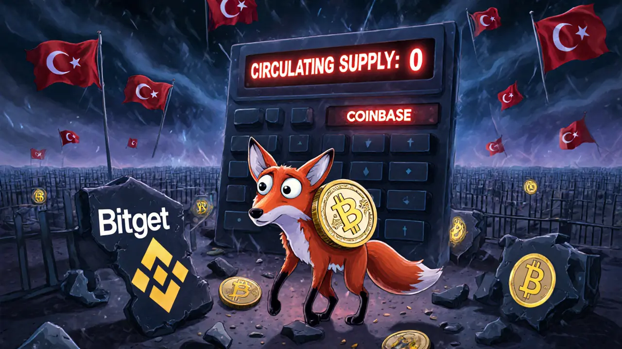 A confused fox carrying a crumbling &#039;DIYAR&#039; token through a maze of locked exchanges under a glowing &#039;0&#039; calculator.