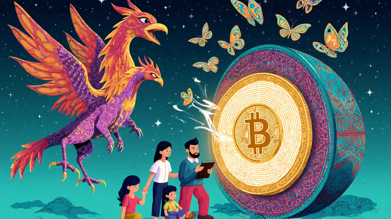 A family sends a USDT coin through a phoenix portal, watched over by a blockchain dragon.