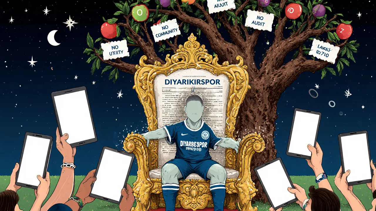 A ghostly figure on a static throne surrounded by blank-screen fans, beneath a tree bearing fruit labeled &#039;No Utility&#039;.