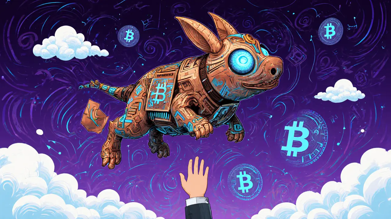 A giant alebrije made of mining chips soars through a digital sky, its eyes glowing with data streams as a hand reaches up.