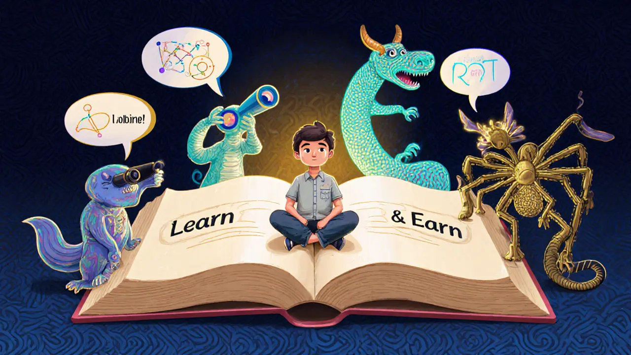 A person learning crypto modules surrounded by magical creatures guiding them to claim GRT tokens.