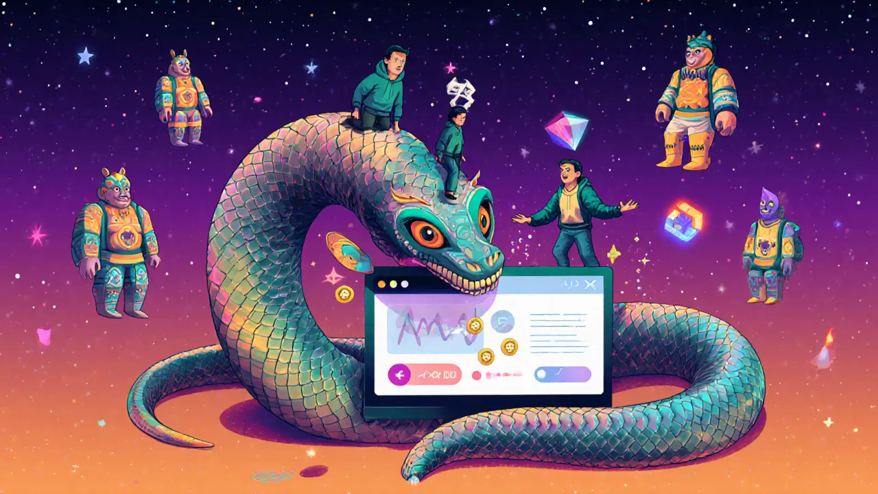 A serpent-shaped clockwork DEX with traders riding its back as GEMSTON rewards sparkle around it.