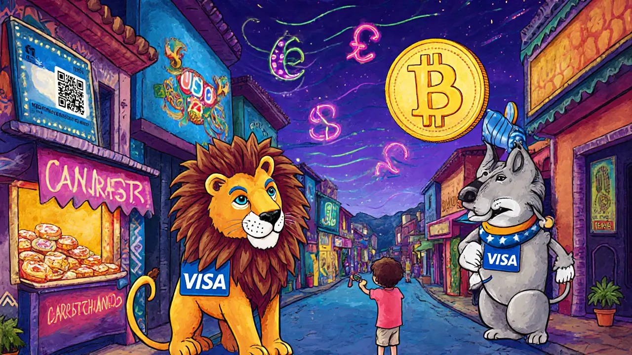 A street market accepts crypto payments, with alebrije animals wearing Visa cards and a bakery offering crypto discounts.