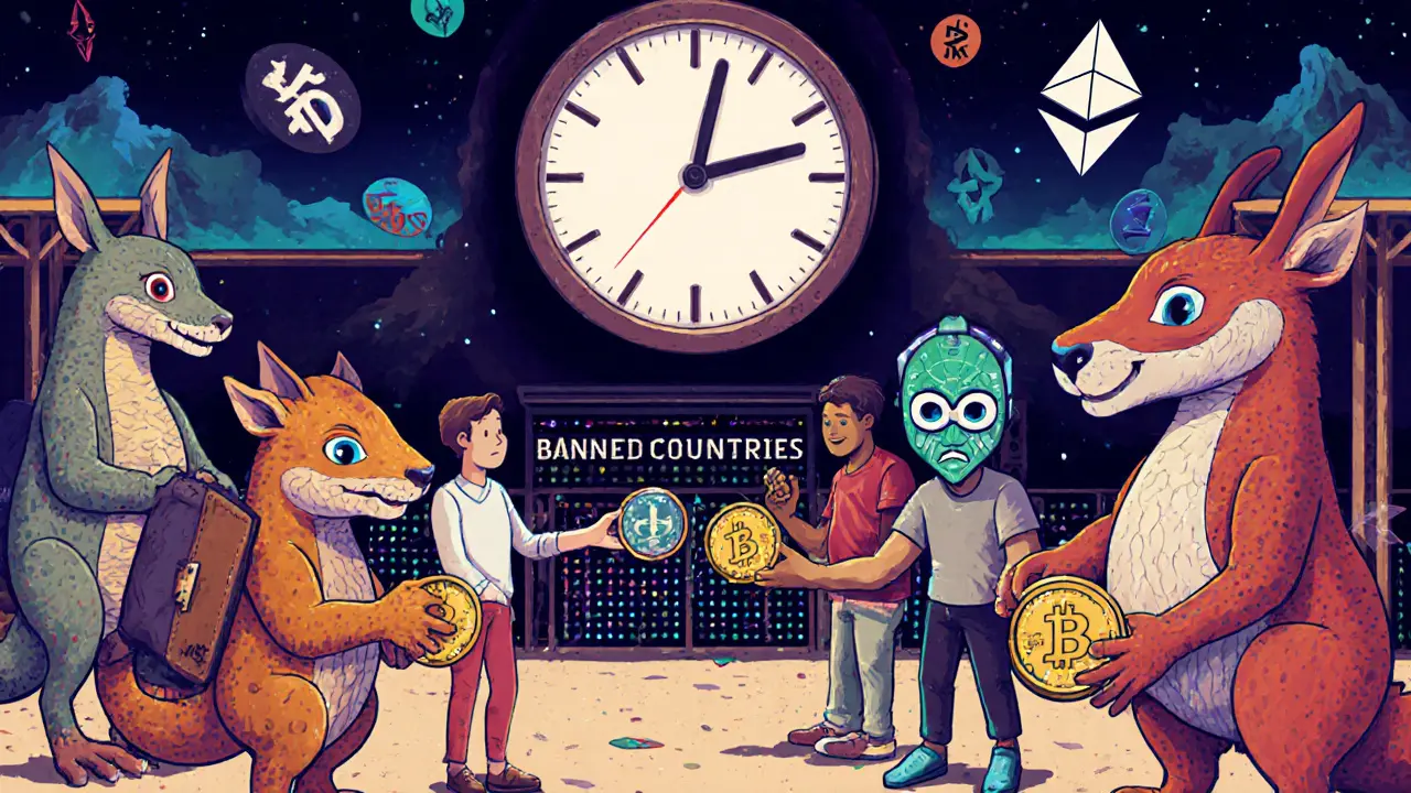 A surreal marketplace where people trade GRT with spirit-beasts under a countdown clock for remaining airdrop spots.