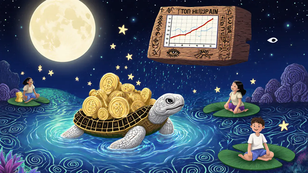 A two-headed turtle swims in a liquid token pool under a glowing calculator, with GEMSTON tokens falling like fireflies.