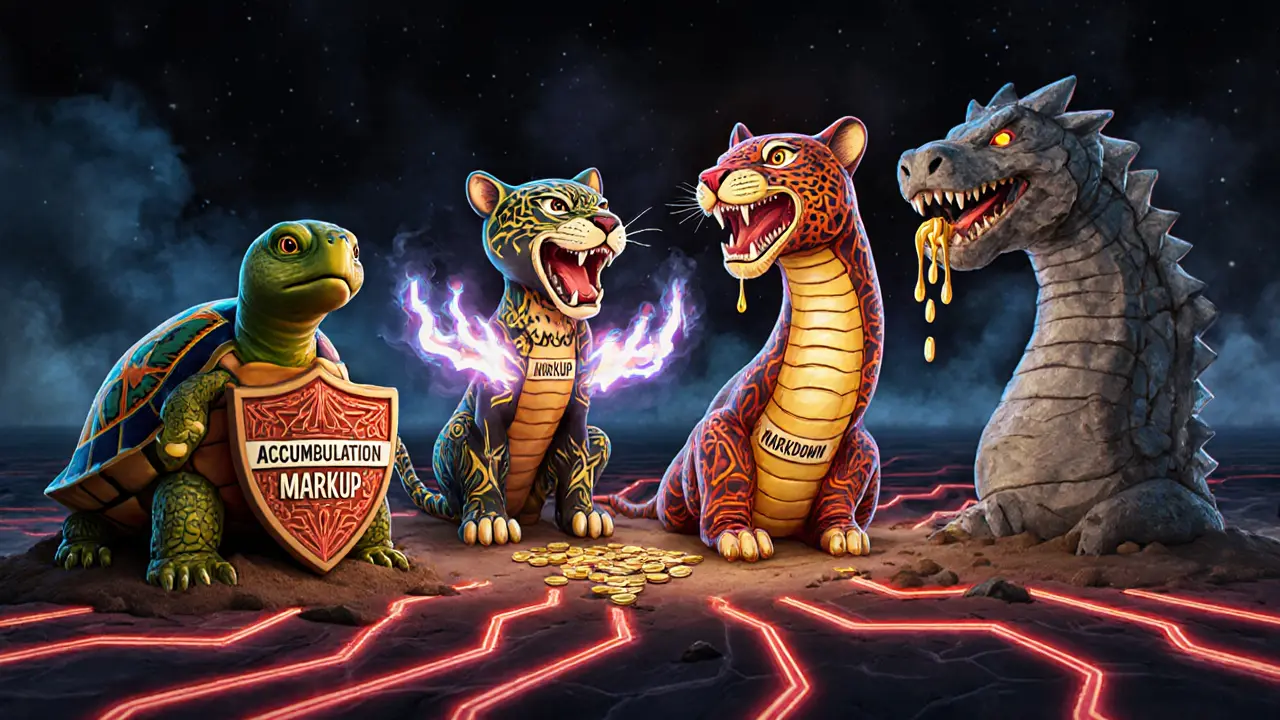 Four spirit animals representing crypto phases — turtle, jaguar, serpent, and dragon — connected by a glowing circuit path in vibrant folk art style.