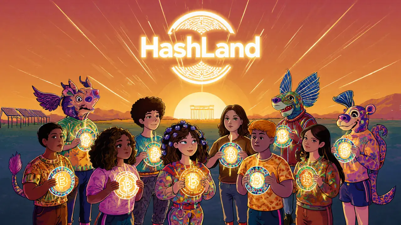 Ten people hold unique alebrije NFTs that transform into mythical beasts, connected by golden light to a HashLand logo.