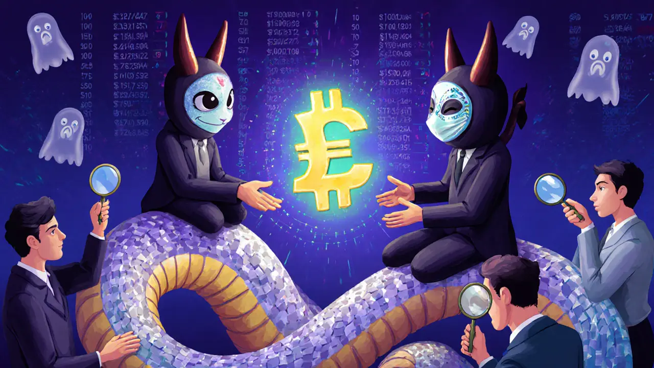 Two masked figures passing a single token back and forth, creating fake trading volume with a blockchain serpent.