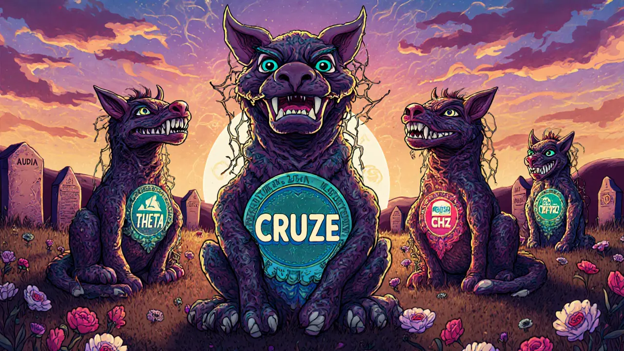 A crypto graveyard with CRUZE as a decayed alebrije beast, while THETA, AUDIO, and CHZ thrive in the distance.