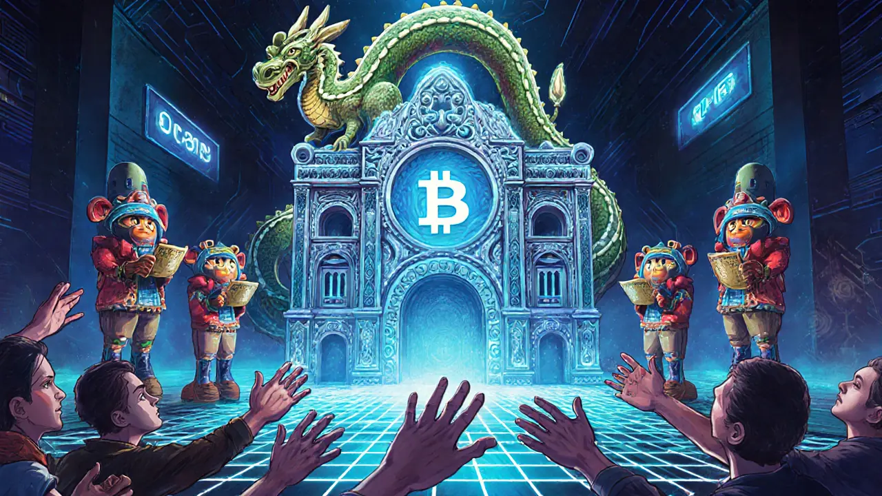 A massive CBDC machine shaped like a church-server hybrid, with people reaching for it while miners struggle below under flickering lights.