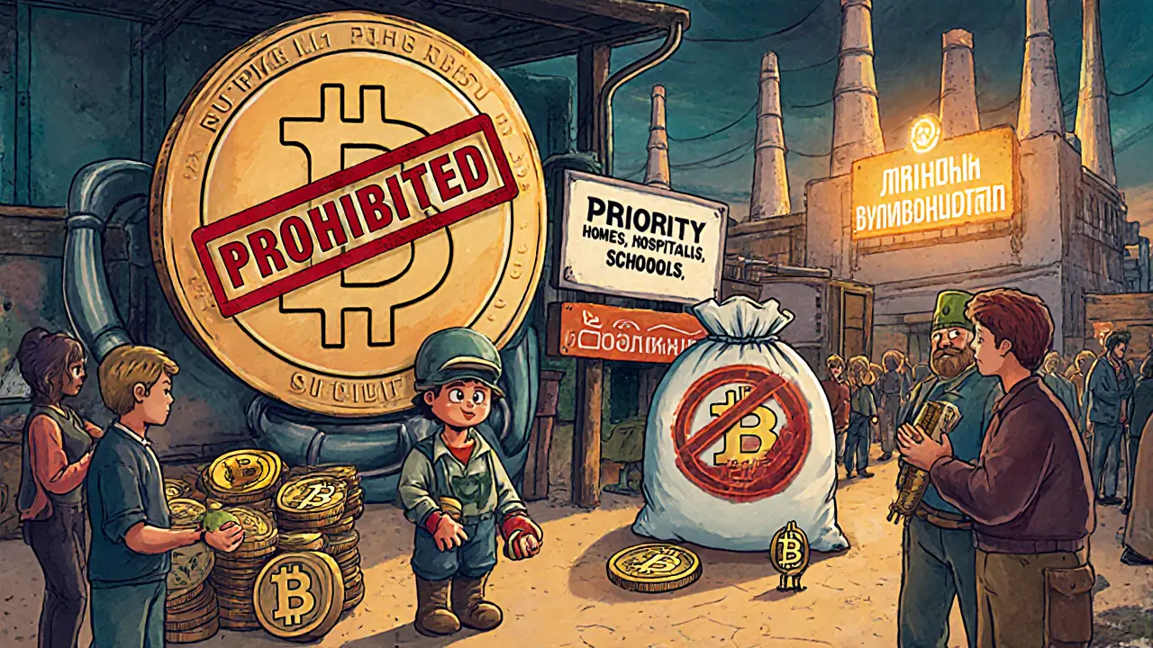 A miner holding Bitcoin coins with a red &#039;PROHIBITED&#039; stamp, while people trade only in rubles in a bustling market.