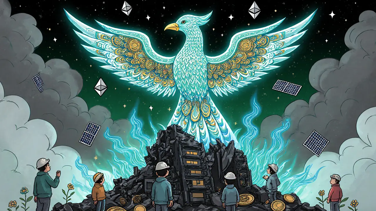 A phoenix made of staked coins rising from crumbling miners, transforming smog into clean green energy.