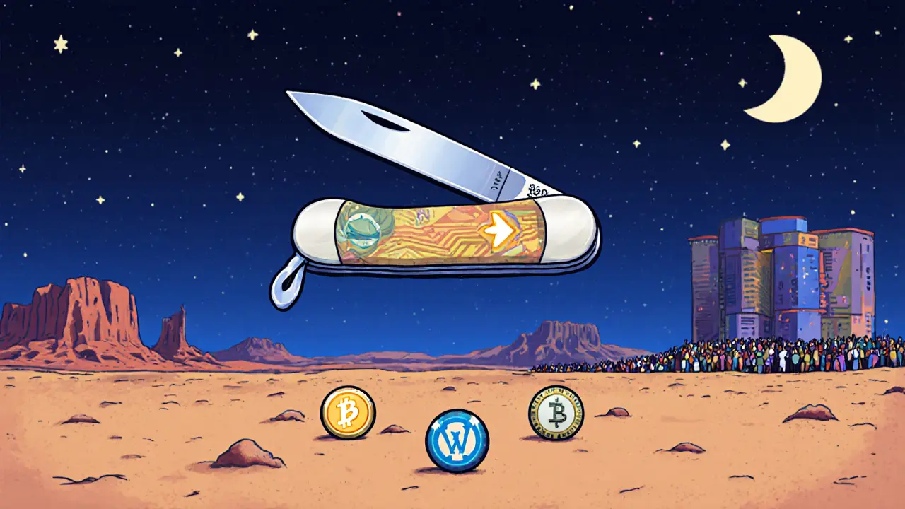 A single sharp knife blade hovering over four glowing crypto tokens in a quiet desert landscape.