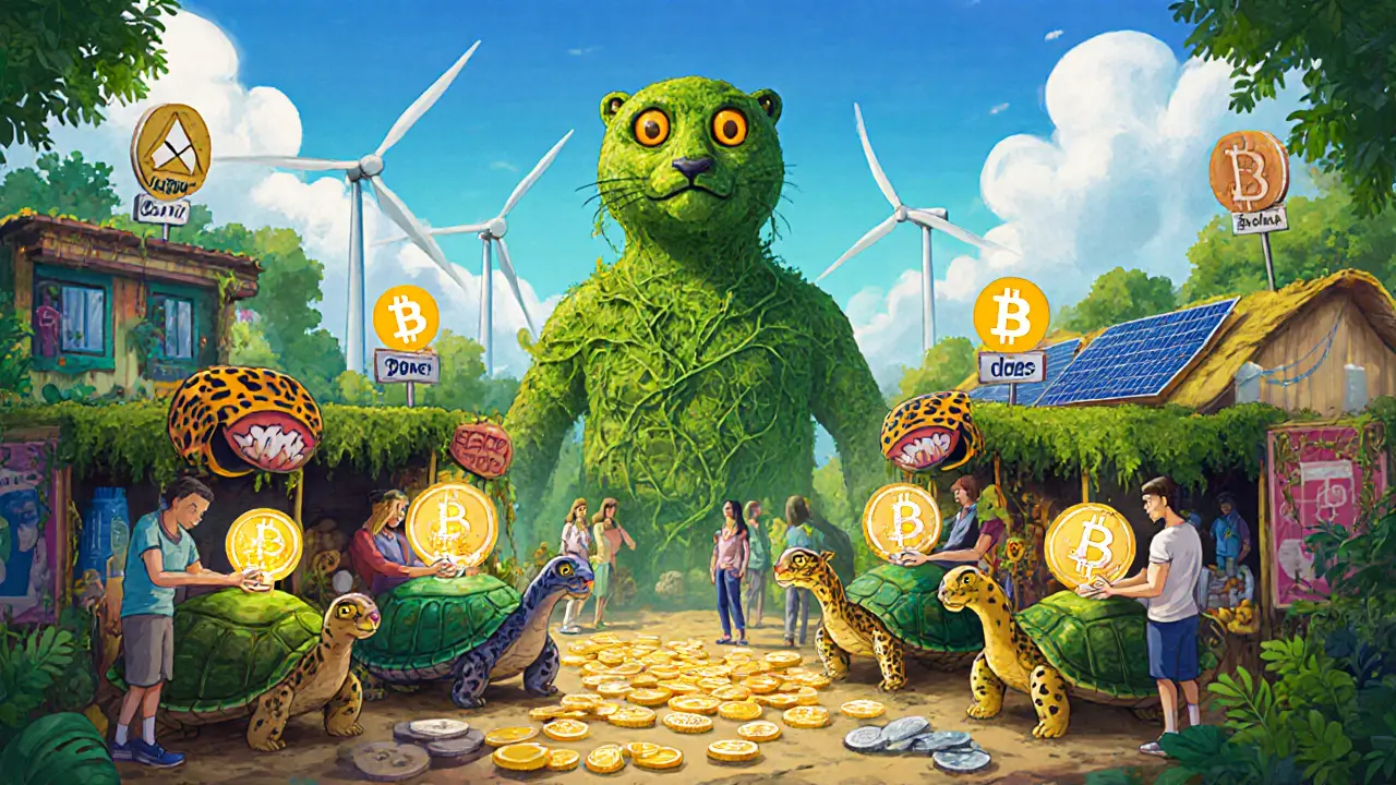 A vibrant marketplace where users choose sustainable crypto coins as a fading Bitcoin statue is overtaken by nature.