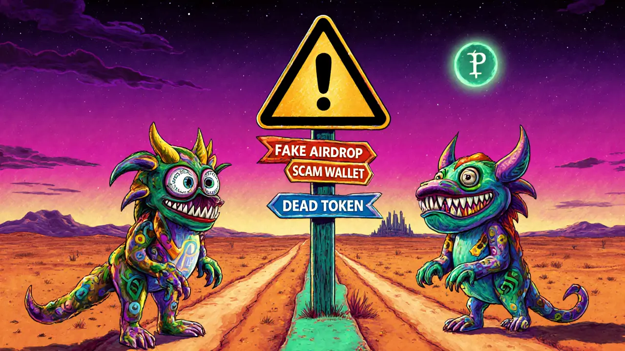 A warning signpost in a crypto desert guarded by scam creatures, with a fading real website in the distance.