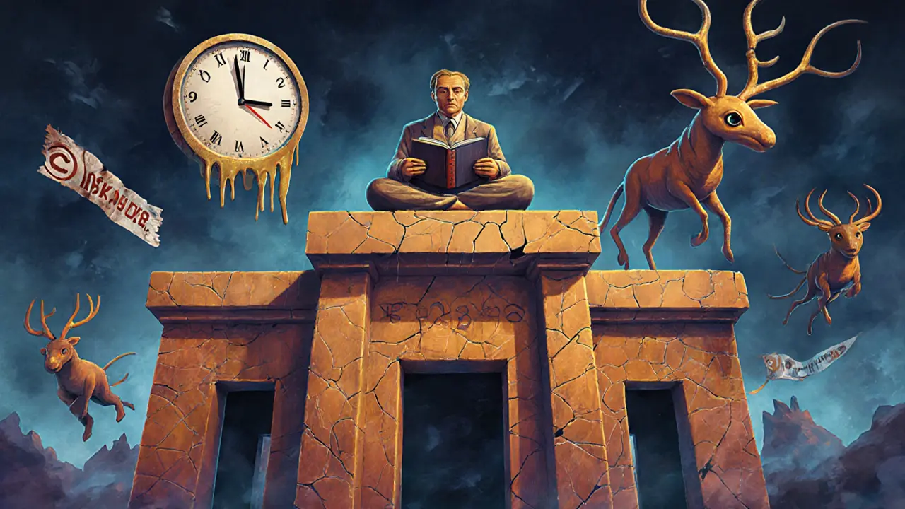 An abandoned DeFi temple with a frozen investor and melting clock, guarded by token spirit animals.