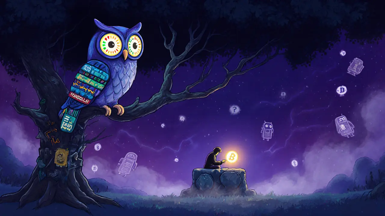 An owl with trading chart feathers silently observing a lone crypto swap under twilight.