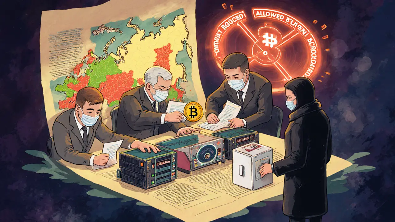 Faceless bureaucrats stamping registration forms on ASIC miners, with a glowing map of banned and allowed Russian regions.