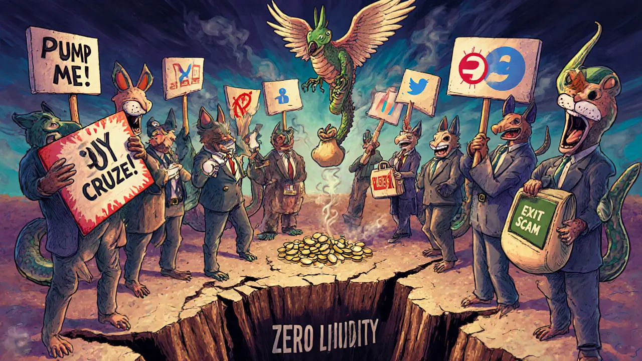 Surreal figures dumping crypto coins into a void while one flies away with a briefcase labeled &#039;Exit Scam&#039;.