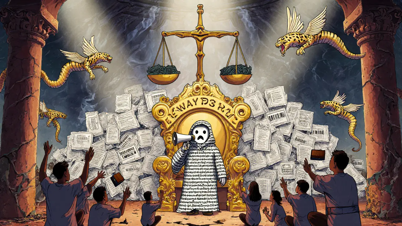 A crumbling temple of anonymous wallets with a ghostly AI figure whispering to kneeling investors.