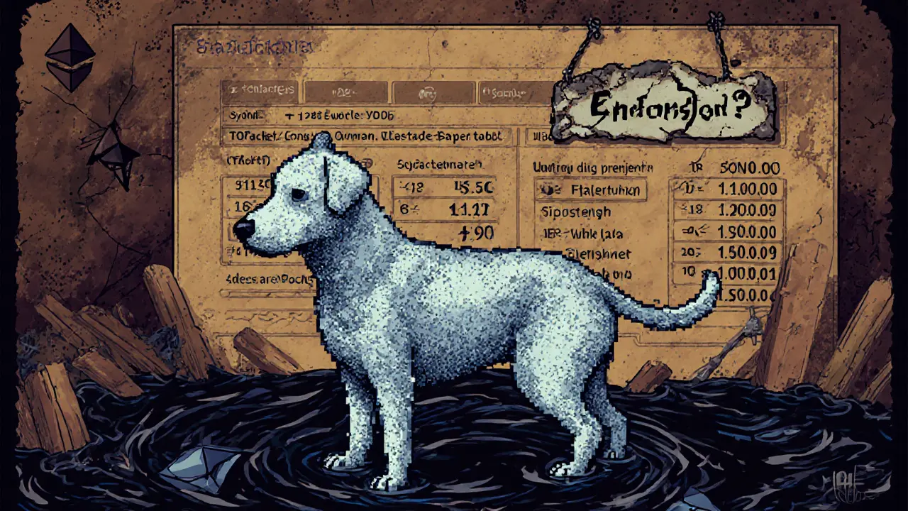 A ghostly pixel-dust dog dissolving above a deserted exchange, surrounded by empty wallet addresses.