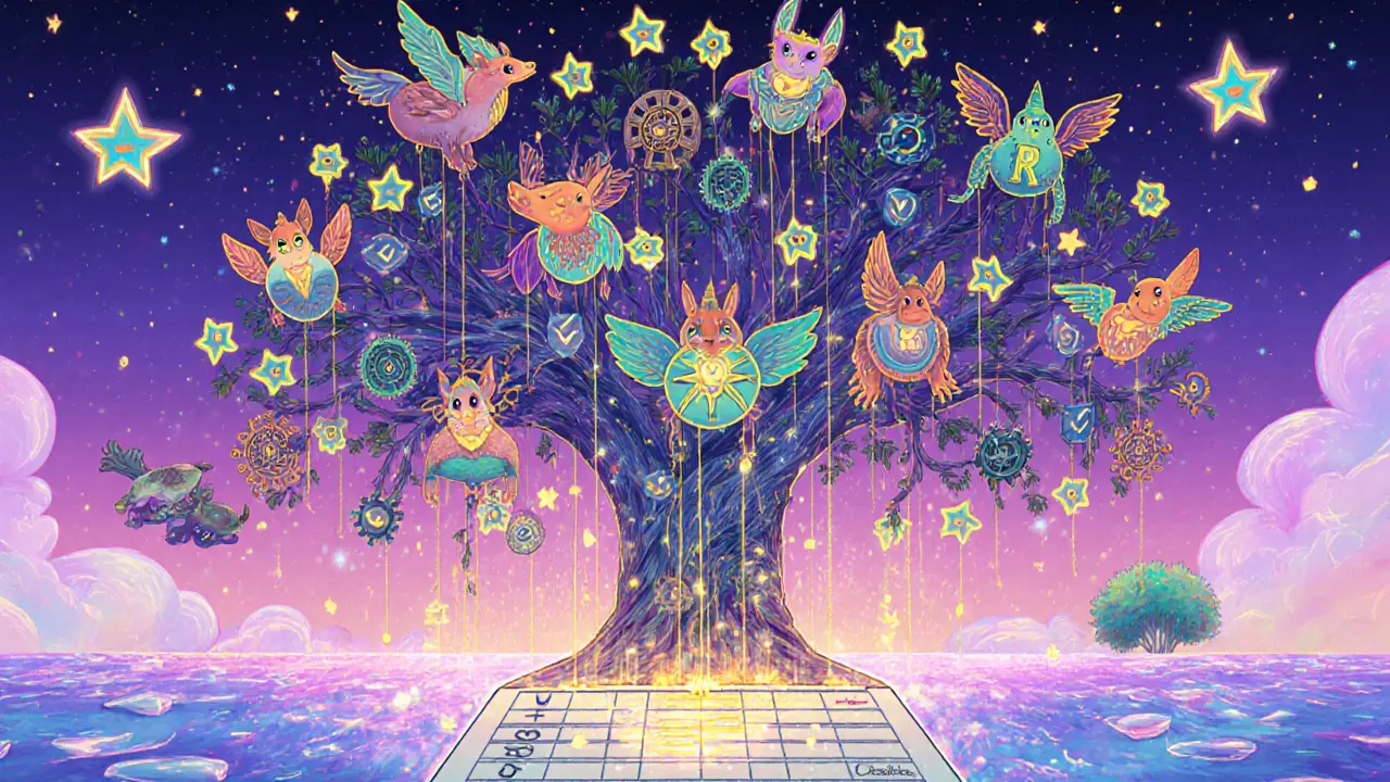 A giant blockchain tree made of fantastical creature-nodes connected by golden threads, with votes falling as glowing seeds into a transparent ledger.