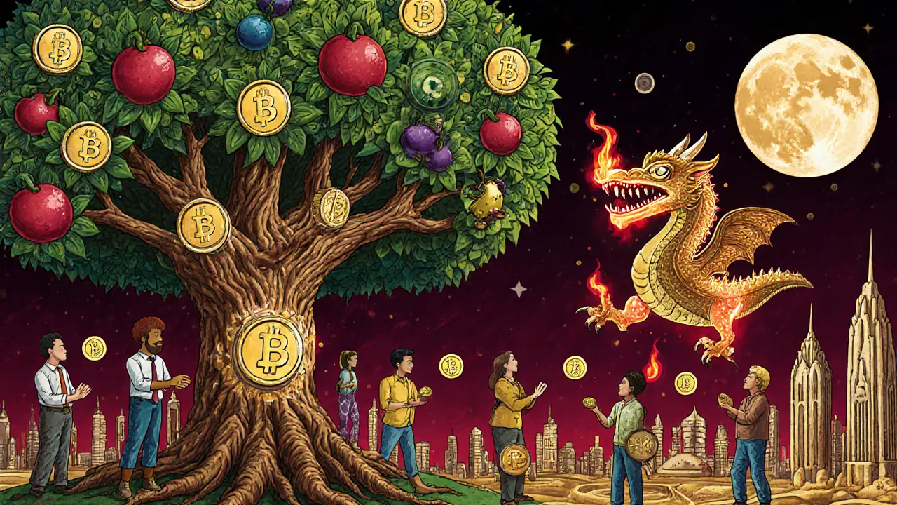 A magical $POSI token tree with traders harvesting tokens, surrounded by reflection glows and a dragon burning excess supply.