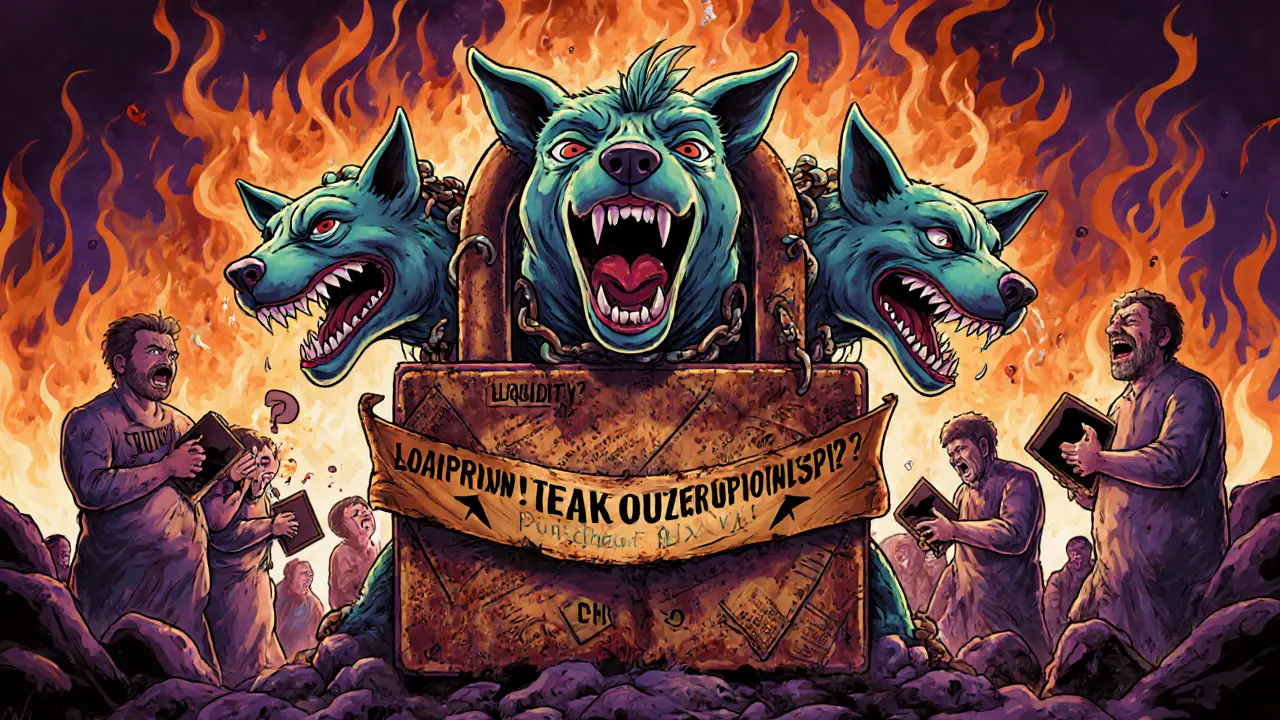 A multi-headed monster dog chained to a renounced contract, symbolizing failed crypto promises.