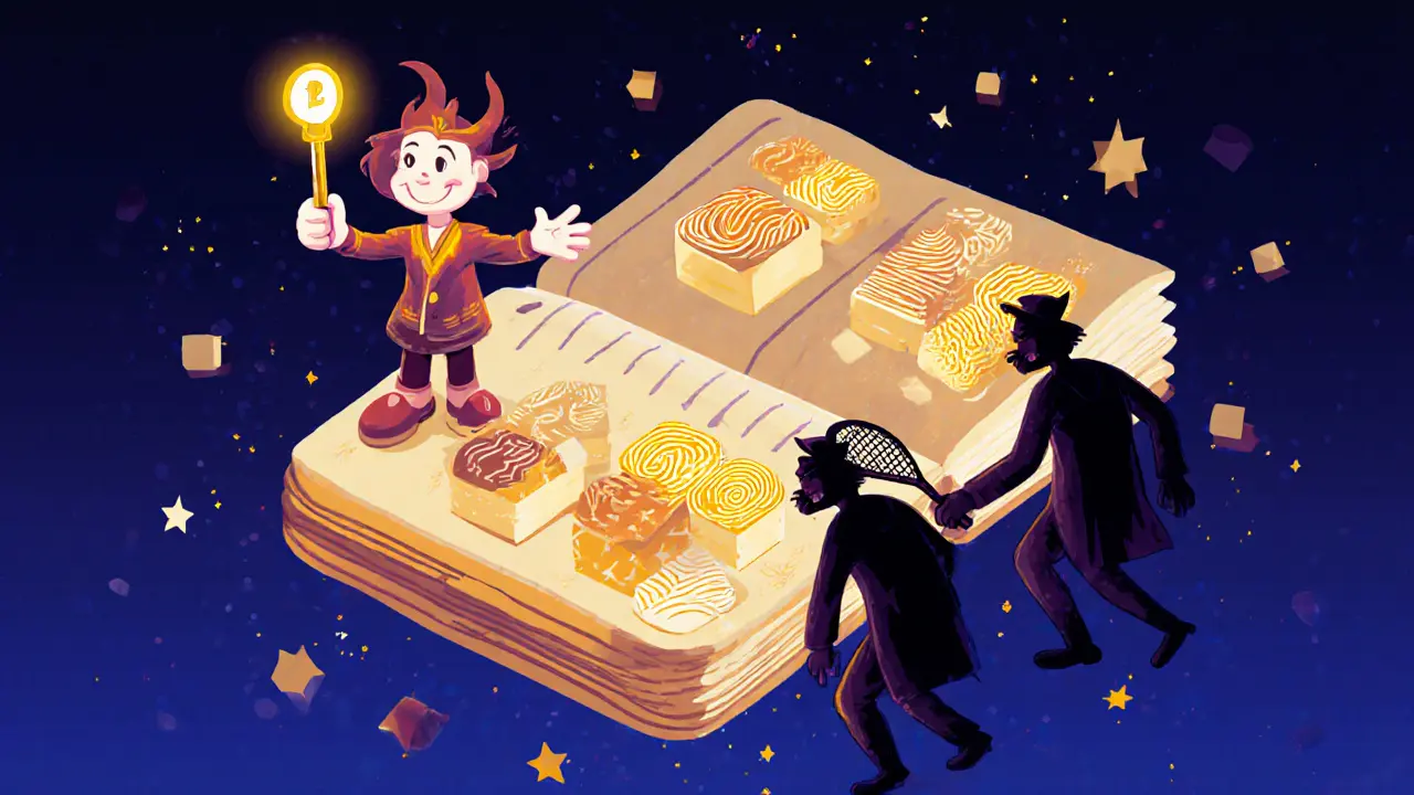 A person holding a glowing private key while shadowy thieves try to steal it from floating blockchain blocks marked with colorful hash fingerprints.