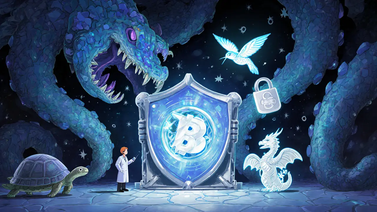 A quantum monster attacking a blockchain vault guarded by alebrije animals symbolizing multi-signature security under glowing runes.