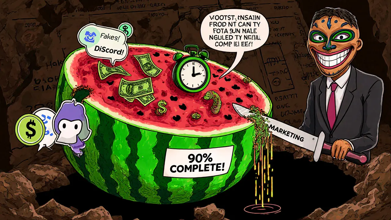 A sliced watermelon token with a rotten core of fake progress reports and frozen timestamps.