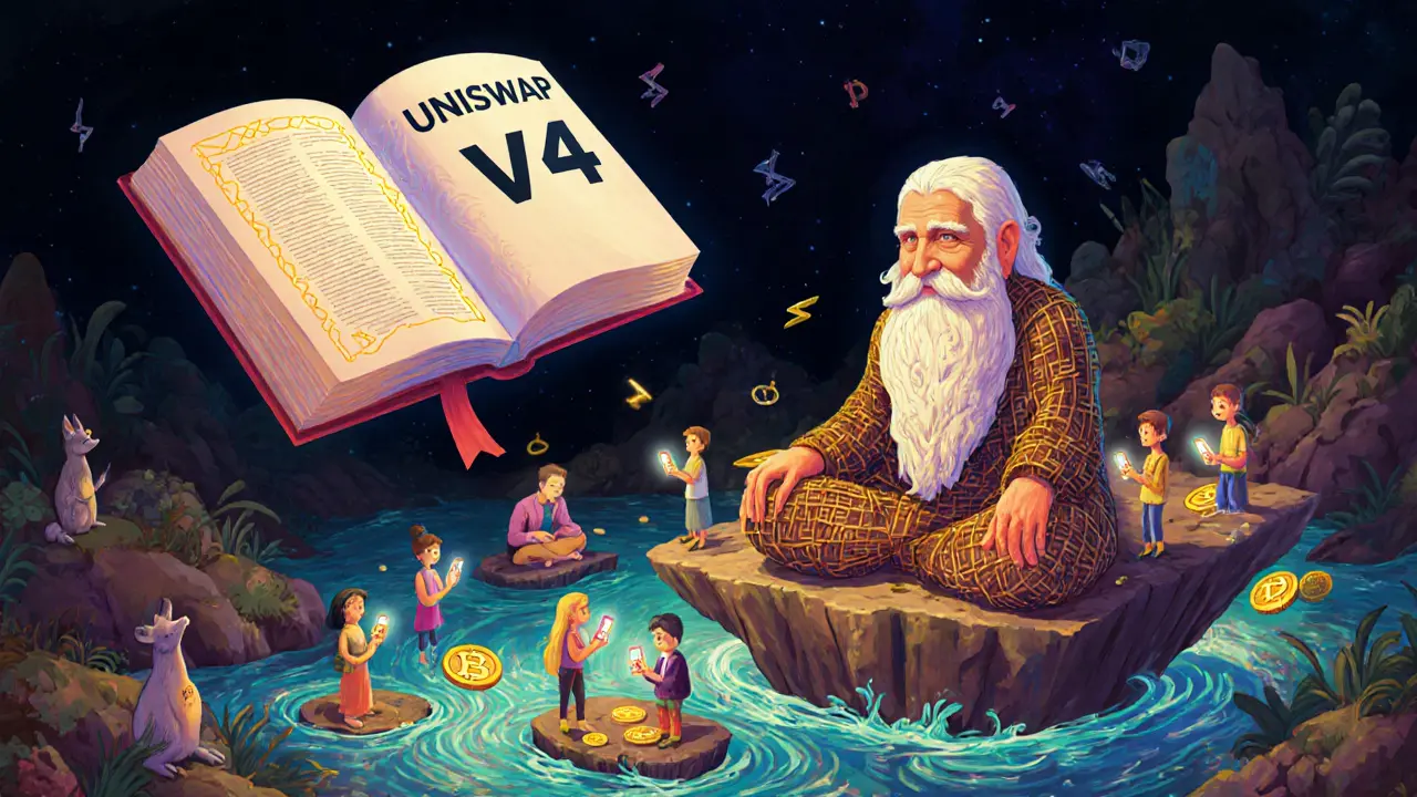 An elder surrounded by users trading on phones, above a river of crypto with gold and whirlpool streams.
