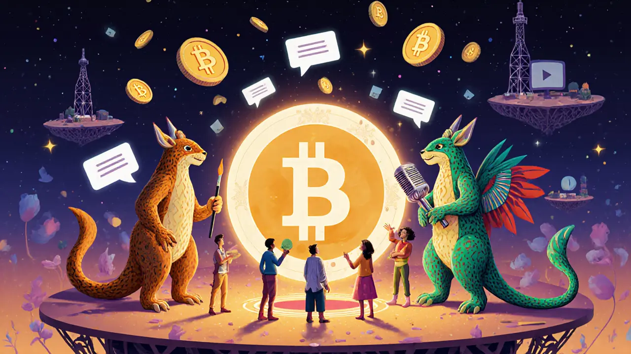 Diverse creator creatures gathered around a glowing JOY token voting orb, with floating channel tokens and animated comments.