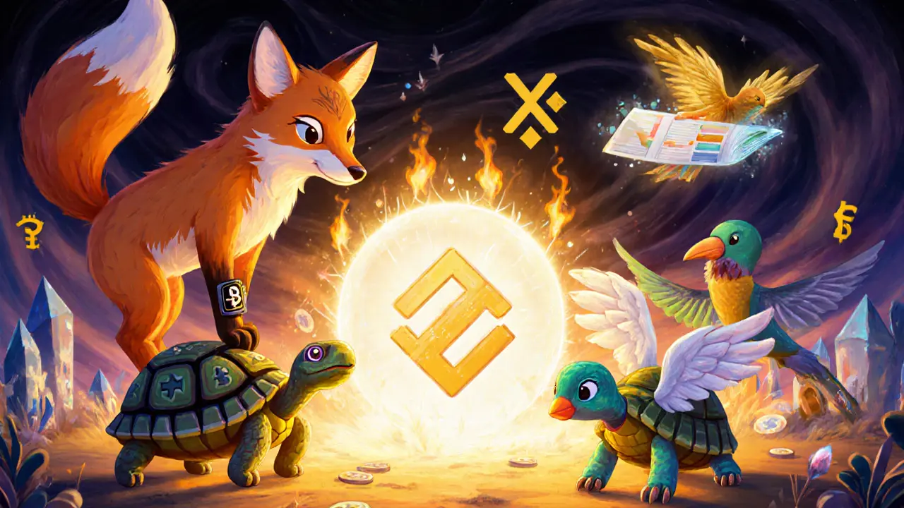 Whimsical hybrid creatures completing airdrop tasks like connecting a wallet, retweeting, and trading on a surreal crypto landscape.