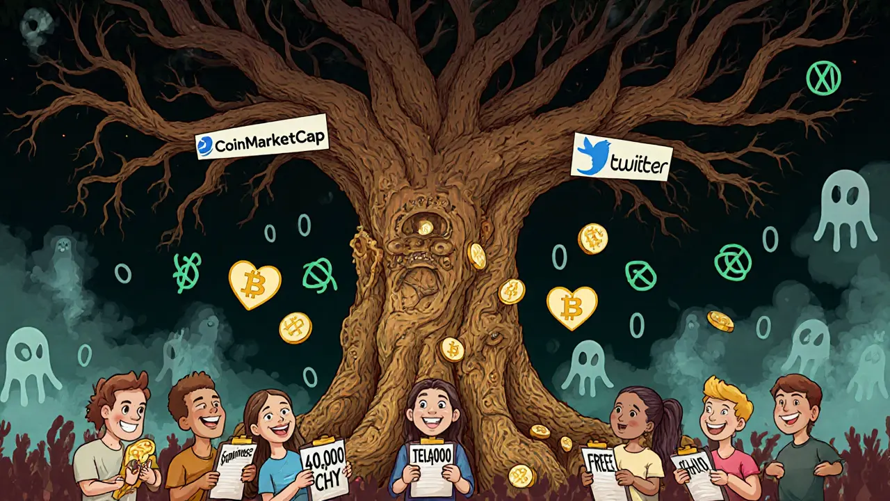 A barren blockchain tree with social media roots, dropping hollow heart tokens while people cheer with empty clipboards.